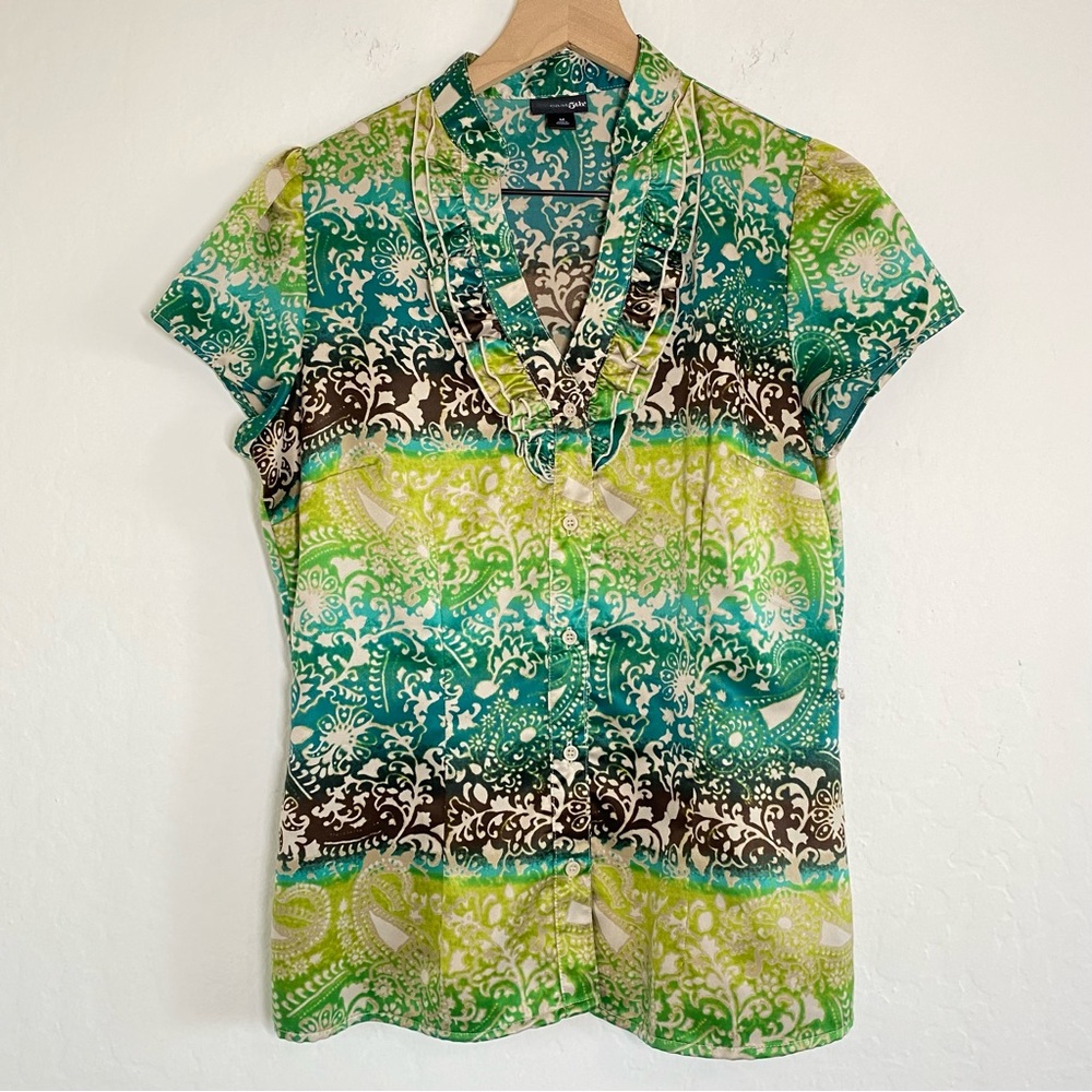 East 5th Y2k Women’s M Green Boho Print Button Down V Neck Babydoll Blouse Top